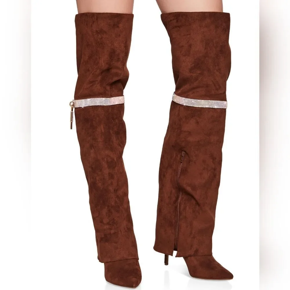 Brown Suede Over-the-Knee Boots with Lock Detail Sz 6.5